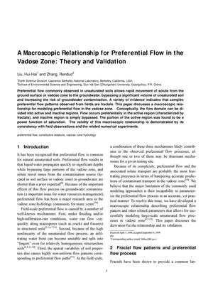 A macroscopic relationship for preferential flow in the vadose zone: Theory and Validation