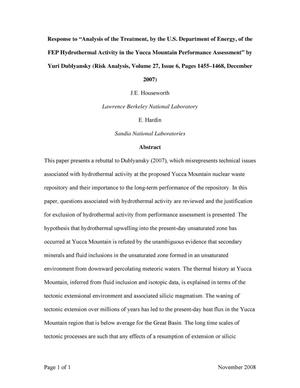 Response to&quot;Analysis of the Treatment, by the U.S. Department of Energy, of the FEP Hydrothermal Activity in the Yucca Mountain Performance Assessment&quot; by Yuri Dublyansky