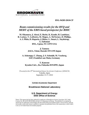 Beam commissioning results for the RFQ and MEBT of the EBIS based preinjector for RHIC