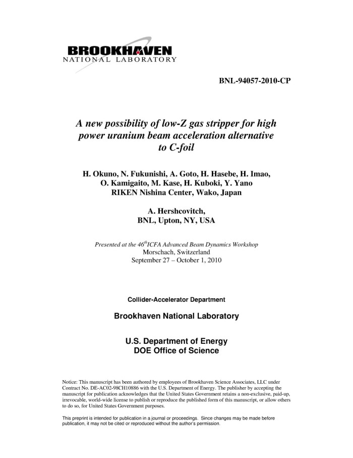 A New Possibility Of Low Z Gas Stripper For High Power Uranium Beam Acceleration Alternative To C Foil Unt Digital Library