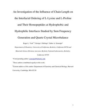 An Investigation of the Influence of Chain Length on the Interfacial Ordering of L-Lysine and L-Proline and Their Homopeptides at Hydrophobic and Hydrophilic Interfaces Studied by Sum Frequency Generation and Quartz Crystal Microbalance