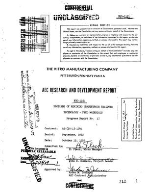 Problems of Refining Uraniferous Residues. Progress Report No. 17 for September 1952