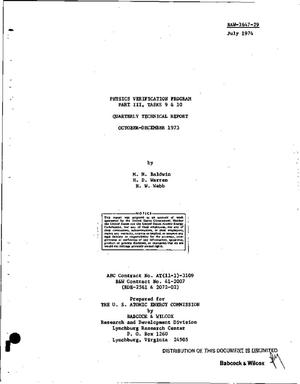 Physics verification program part III, tasks 9 and 10. Quarterly technical report, October--December 1973