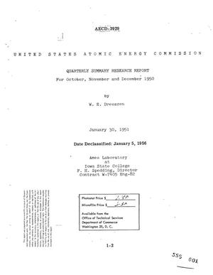QUARTERLY SUMMARY RESEARCH REPORT FOR OCTOBER, NOVEMBER, AND DECEMBER 1950