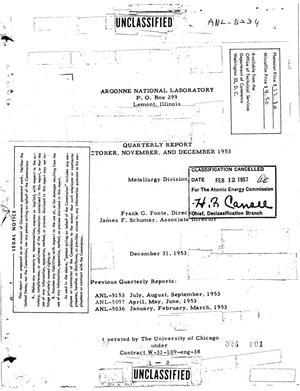 METALLURGY DIVISION QUARTERLY REPORT FOR OCTOBER, NOVEMBER, AND DECEMBER 1953
