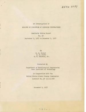 An Investigation of Scaling of Zirconium at Elevated Temperatures. Quarterly Status Report No. 18 for September 2, 1957 to December 2, 1957