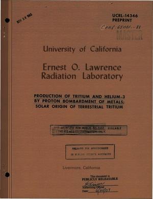 Production of Tritium and $sup 3$He by Proton Bombardment of Metals Solar Origin of Terrestrial Tritium.