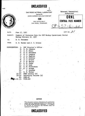 SUMMARY OF CORROSION DATA FOR HRT MOCKUP OPERATIONAL PERIOD ENDING FEBRUARY 16, 1957