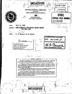 Feed Materials Processing Status Report for July 1956