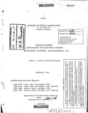 Physics Division Supplement to Quarterly Report for September, October, and November 1953