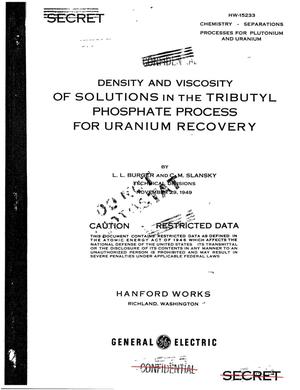 Density and Viscosity of Solutions in the Tributyl Phosphate Process for Uranium Recovery