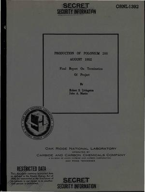 Production of Polonium 208--August 1952. Final Report on Termination of Project
