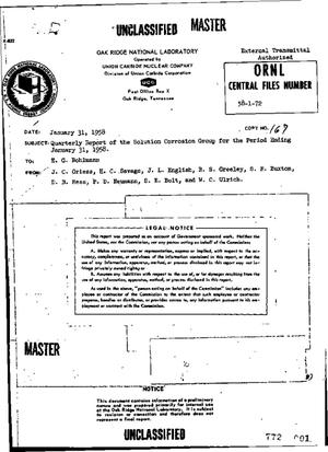 Quarterly Report of the Solution Corrosion Group for the Period Ending January 31, 1958