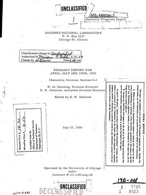 CHEMISTRY DIVISION, SECTION C-I SUMMARY REPORT FOR APRIL, MAY, AND JUNE 1950