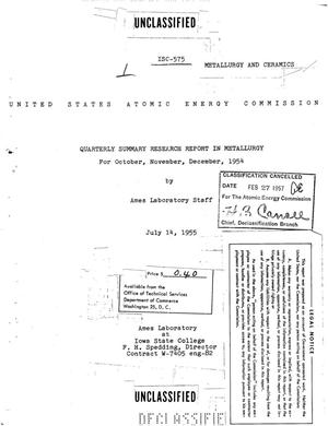 QUARTERLY SUMMARY RESEARCH REPORT IN METALLURGY FOR OCTOBER, NOVEMBER, DECEMBER 1954