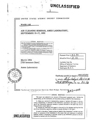 Air Cleaning Seminar, Ames Laboratory, September 15-17, 1952