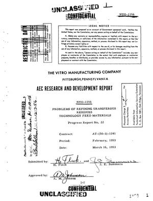 Problems of Refining Uraniferous Residues. Progress Report No. 22 for February 1953