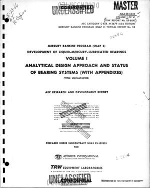 Mercury Rankine Program (SNAP 2). Development of liquid-mercury- lubricated bearings. Volume I. Analytical design approach and status of bearing systems (with appendixes)