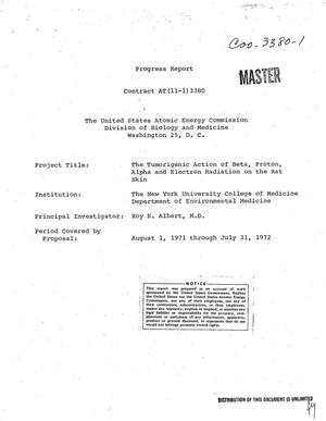 Tumorigenic Action of Beta, Proton, Alpha, and Electron Radiation on the Rat Skin. Progress Report, August 1, 1971--July 31, 1972.
