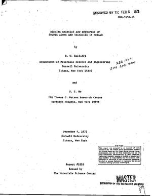 Binding Energies and Entropies of Solute Atoms and Vacancies in Metals. Report 1893.