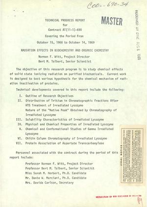 Radiation Effects in Biochemistry and Organic Chemistry. Technical Progress Report, October 15, 1968--October 14, 1969.