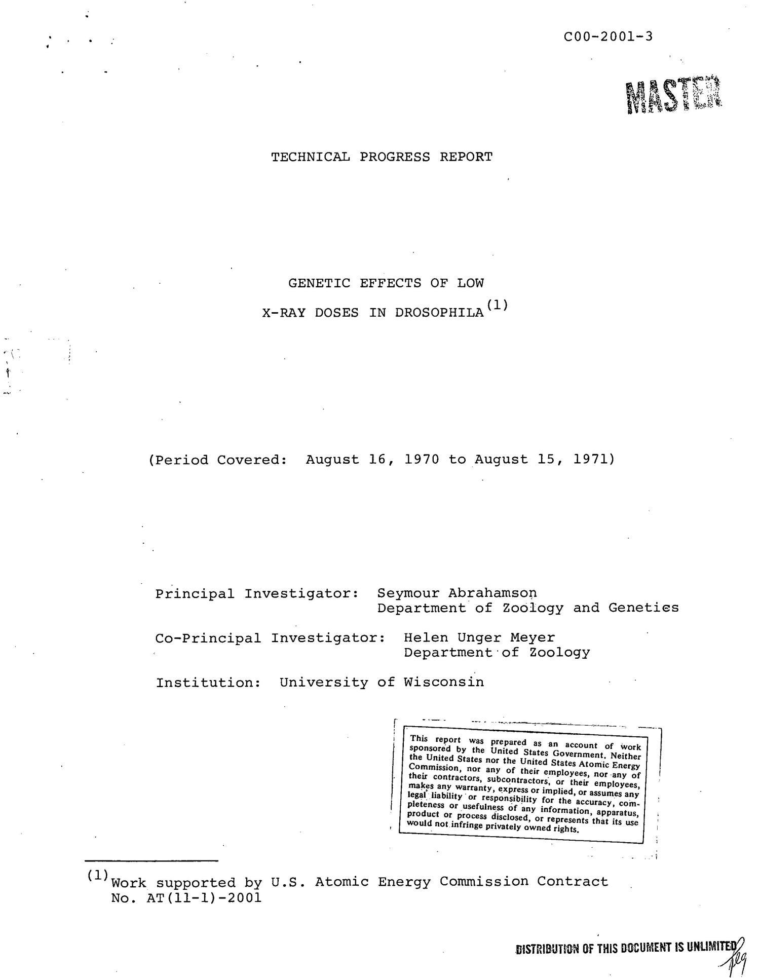 GENETIC EFFECTS OF LOW X-RAY DOSES IN DROSOPHILA. Technical Progress Report, August 16, 1970--August 15, 1971.
                                                
                                                    [Sequence #]: 1 of 11
                                                