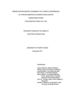 Primary view of object titled 'Missed Opportunities: Examining The LiteracyExperiences Of African American Students Displaced By Hurricane Katrina.'.