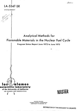 Analytical methods for fissionable materials in the nuclear fuel cycle. Program status report, June 1972--June 1973