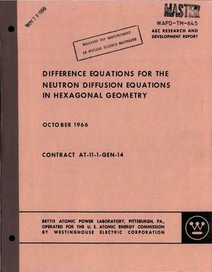 Difference Equations for the Neutron Diffusion Equations in Hexagonal Geometry.
