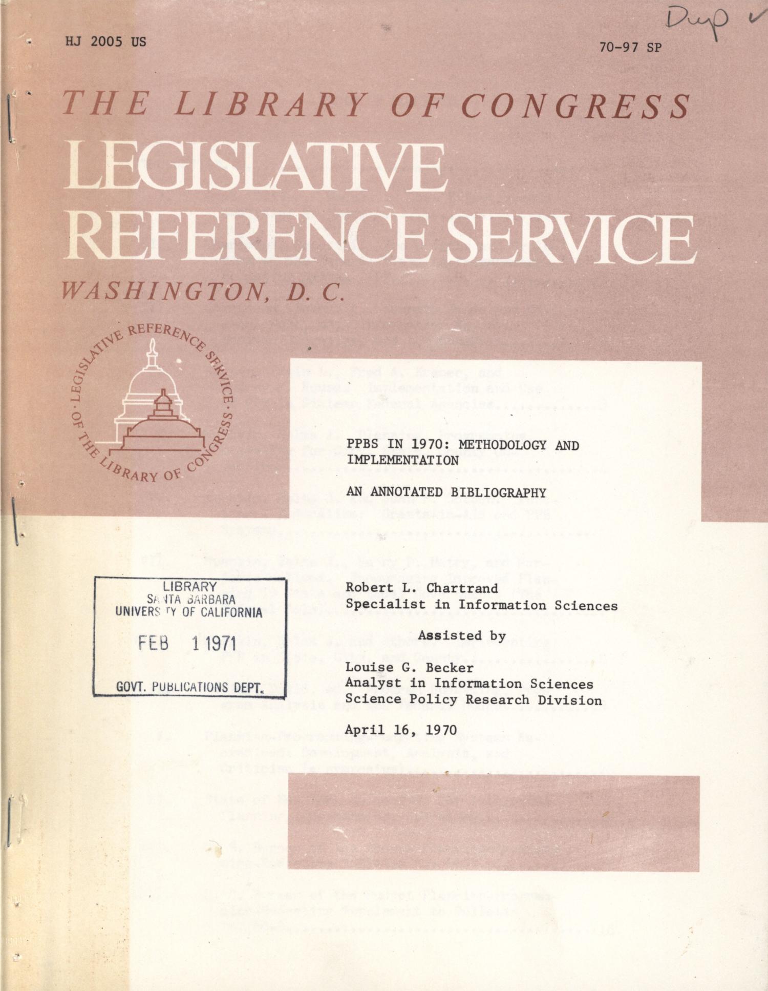 PPBS in 1970: Methodology and Implementation, An Annotated Bibliography
                                                
                                                    Front Cover
                                                