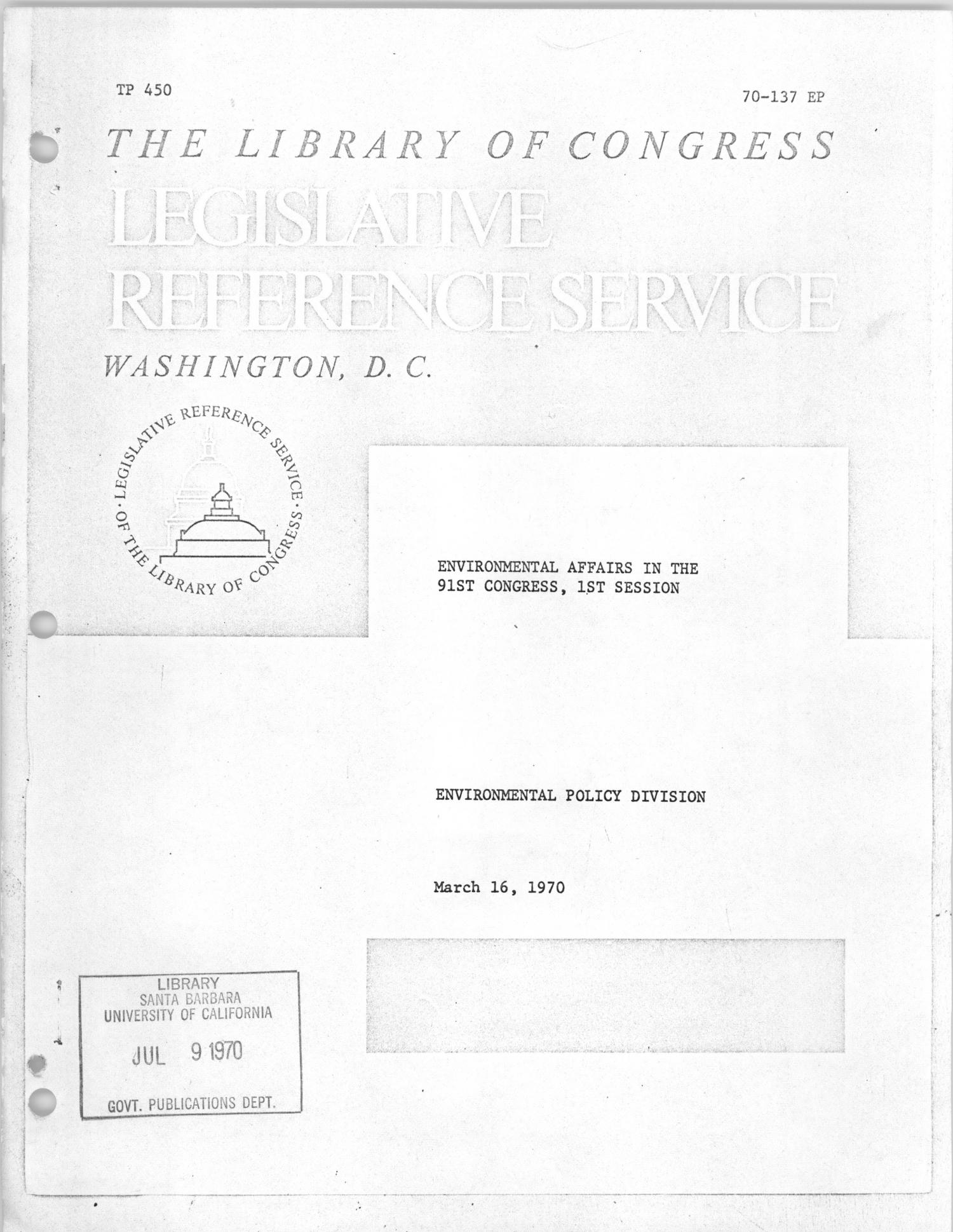 Environmental Affairs in the 91st Congress, 1st Session
                                                
                                                    Front Cover
                                                