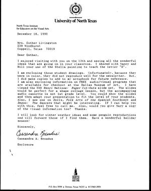 [Letter from Cassandra Broadus to Esther Livingston, December 8, 1990]