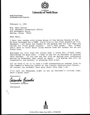 [Letter from Cassandra Broadus to Mary Kolter, February 4, 1991]