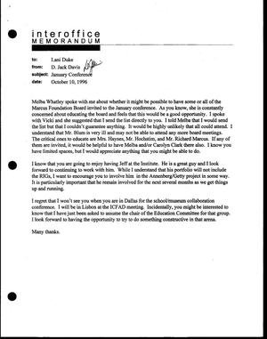 [Memorandum from Jack Davis to Leilani Lattin Duke, October 10, 1996]