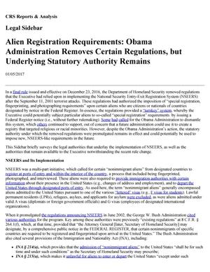 Primary view of object titled 'Alien Registration Requirements: Obama Administration Removes Certain Regulations, but Underlying Statutory Authority Remains'.