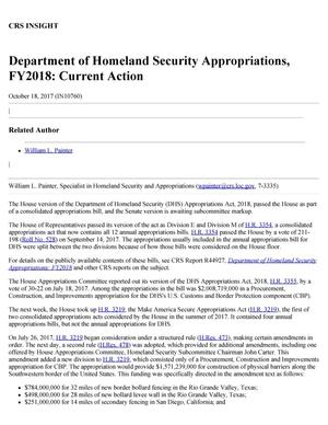 Primary view of object titled 'Department of Homeland Security Appropriations Fiscal Year 2018: Current Action'.