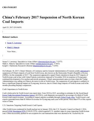 China's February 2017 Suspension of North Korean Coal Imports