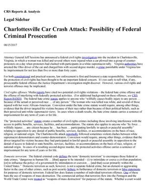 Charlottesville Car Crash Attack: Possibility of Federal Criminal Prosecution