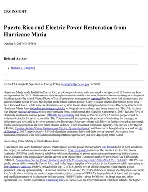 Puerto Rico and Electric Power Restoration from Hurricane Maria