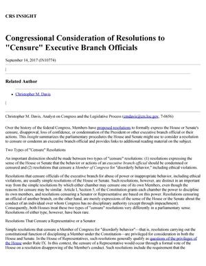 Congressional Consideration of Resolutions to "Censure" Executive Branch Officials