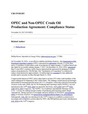 OPEC and Non-OPEC Crude Oil Production Agreement: Compliance Status