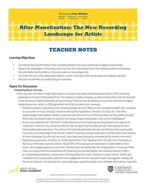 After Monetization: The New Recording Landscape for Artists: Teacher Notes