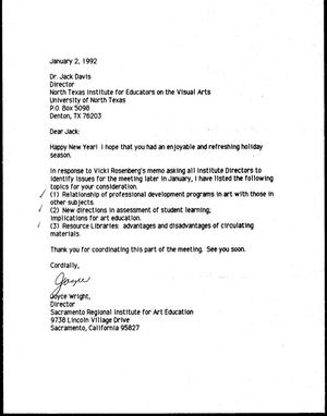 [Letter from Joyce Wright to Jack Davis, January 2, 1992]