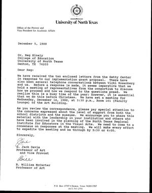 [Letter from D. Jack Davis and R. William McCarter to Reg Hinley, December 5, 1988]
