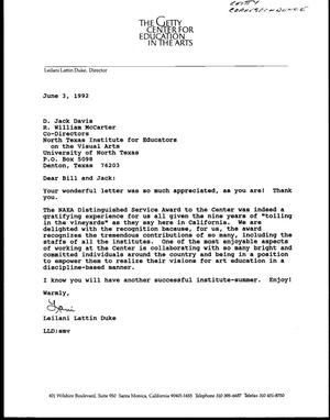 [Letter from Leilani Lattin Duke to Jack Davis and William McCarter, June 3, 1992]