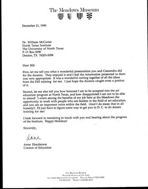[Letter from Anne Henderson to William McCarter, December 21, 1990]