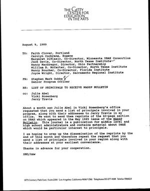 [Letter from Stephen Mark Dobbs to DBAE institute heads, August 9, 1989]