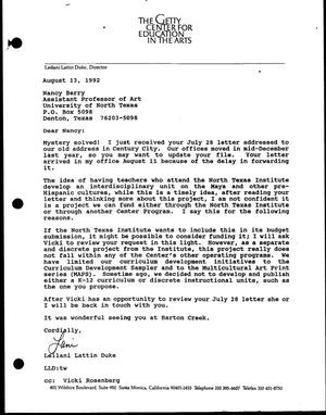 [Letter from Leilani Lattin Duke to Nancy Berry, August 13, 1992]