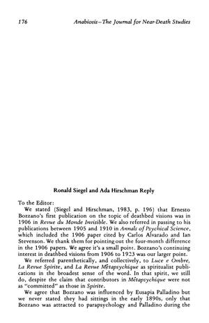 Primary view of object titled 'Letter to the Editor: Ronald Siegel and Ada Hirschman Reply [#1]'.