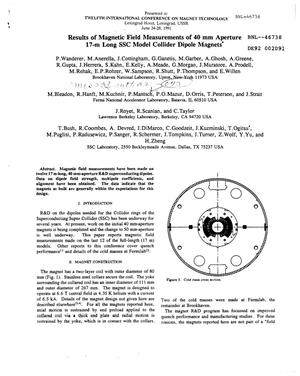 Results of magnetic field measurements of 40 mm aperture 17-m long SSC model collider dipole magnets
